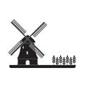 Windmill and wheat ears. Mill symbol. Agriculture landscape. Vector illustration in flat style. Royalty Free Stock Photo